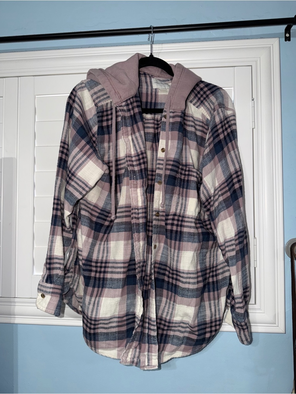 American Eagle Outfitters Pink and Blue Plaid Hooded Button-Up Shirt